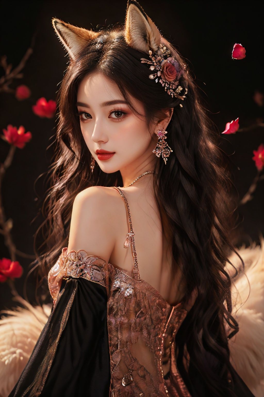 masterpiece,best quality,8k,insane details,intricate details,hyper quality,high detail,ultra detailed,realistic,1girl,animal ears,long hair,petals,(upper body),3/4 body shot,jewelry,looking at viewer,fox ears,dress,hair ornament,black dress,bracelet,bare shoulders,tail,(rose:1.1),(flower),(fox:1.2),black hair,solo,earrings,lips,wavy hair,detached sleeves,closed mouth,fox tail,beads,makeup,long sleeves,fox_girl,<lora:fox_girl:0.4>,
