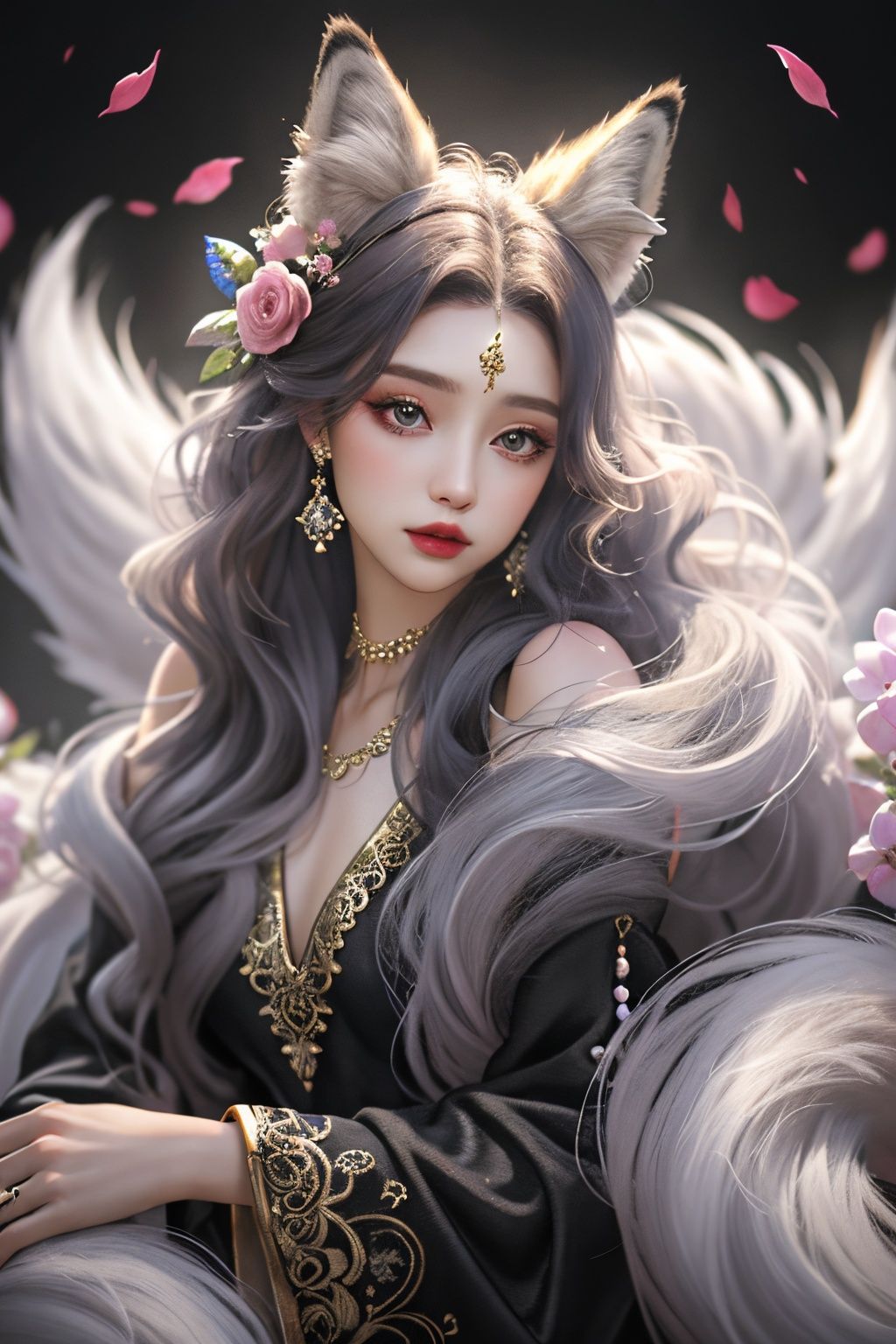 masterpiece,best quality,8k,insane details,intricate details,hyper quality,high detail,ultra detailed,realistic,1girl,animal ears,long hair,petals,jewelry,looking at viewer,fox ears,dress,hair ornament,black dress,bracelet,bare shoulders,full body,tail,pink flower,fox,black hair,solo,hand up,earrings,black background,lips,wavy hair,detached sleeves,closed mouth,fox tail,beads,makeup,long sleeves,