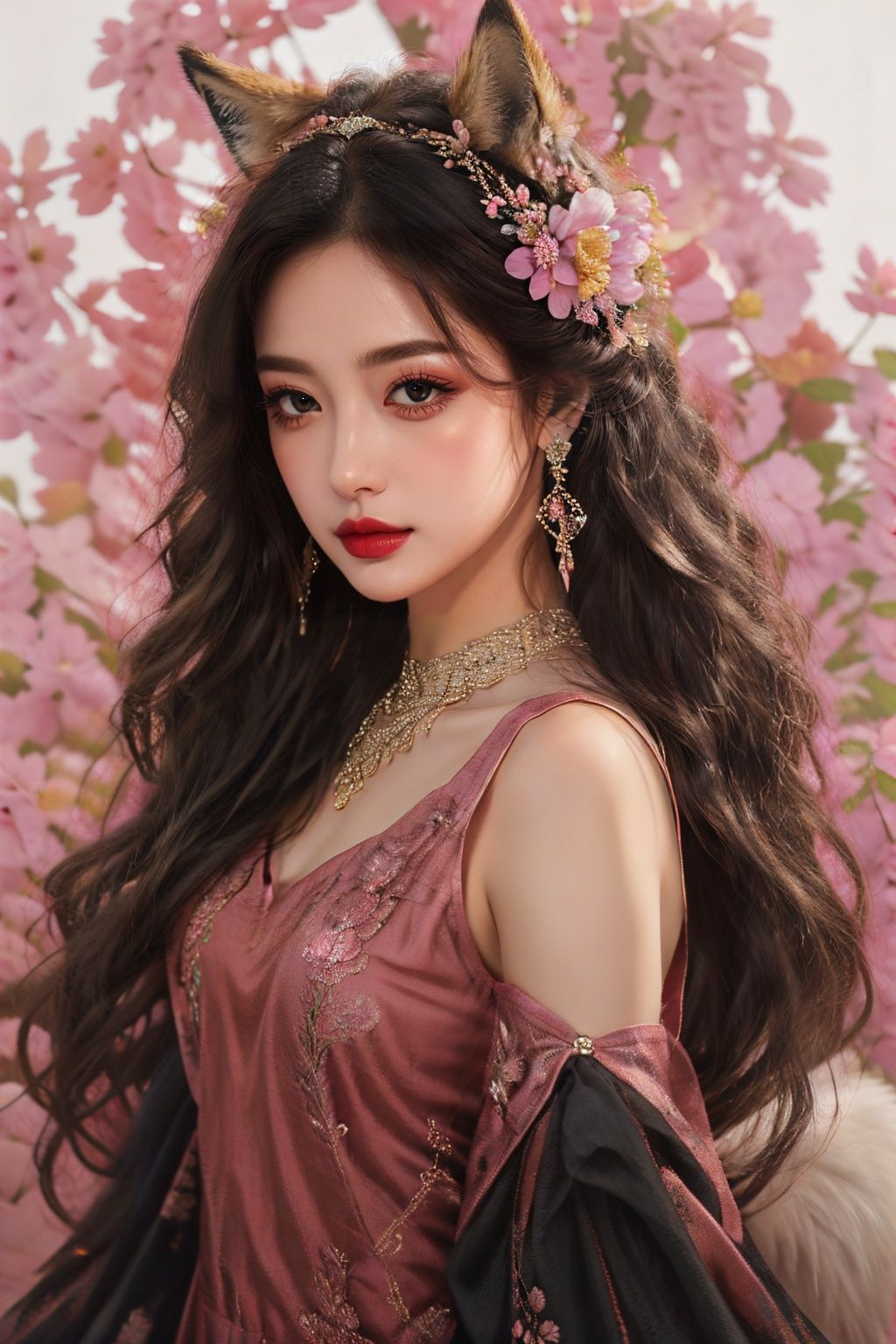 masterpiece,best quality,8k,insane details,intricate details,hyper quality,high detail,ultra detailed,realistic,1girl,animal ears,long hair,petals,(upper body),(frontal shooting),jewelry,looking at viewer,fox ears,dress,hair ornament,black dress,bracelet,bare shoulders,tail,pink flower,(fox:1.2),black hair,solo,earrings,lips,wavy hair,detached sleeves,closed mouth,fox tail,beads,makeup,long sleeves,fox_girl,<lora:fox_girl:0.5>,