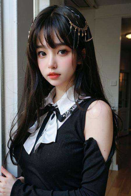 best quality, (photorealistic:1.2), 1girl, solo, detailed face, face focus, standing, black hair,(hair ornament:1.35),school uniform, ribbon-trimmed sleeves, detached sleeves, ribbon trim, wide sleeves, (looking at viewer:1.5) long hair, black eyes, bangs, lips,  <lora:znk:0.6>