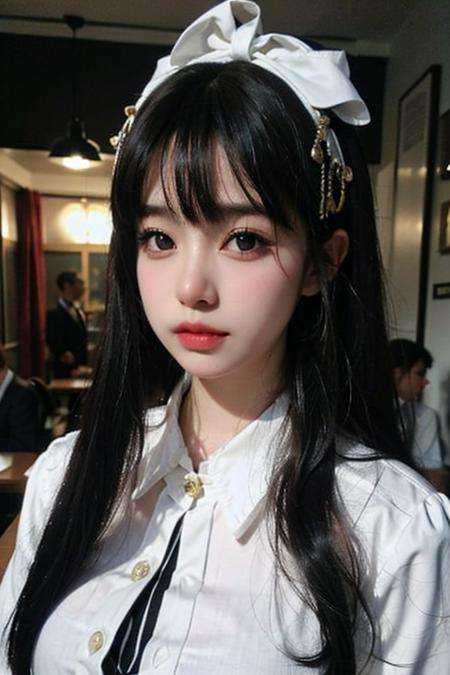 best quality, (photorealistic:1.2), 1girl, solo, detailed face, face focus, standing, black hair,(hair ornament:1.35),school uniform, ribbon-trimmed sleeves, detached sleeves, ribbon trim, wide sleeves, (looking at viewer:1.5) long hair, black eyes, bangs, lips,  <lora:znk:0.6>