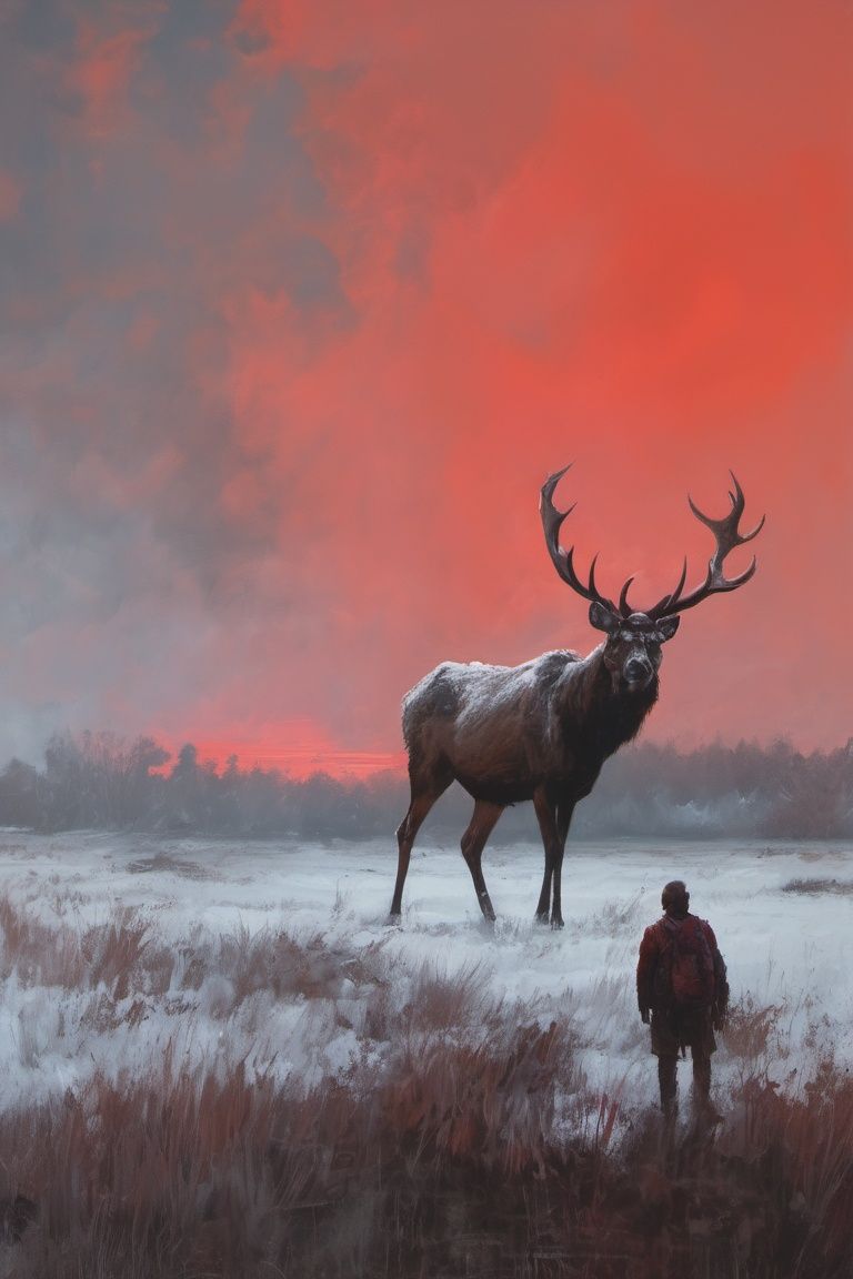painting by jakub rozalski, a gigantic deer looming ominously in the distance, red sky, shadowy figure, real life,ultra-realistic,
