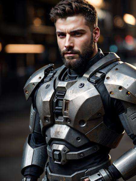 close up Portrait photo of muscular bearded guy in a worn mech suit,  ((light bokeh)),  intricate on Tensor.Art