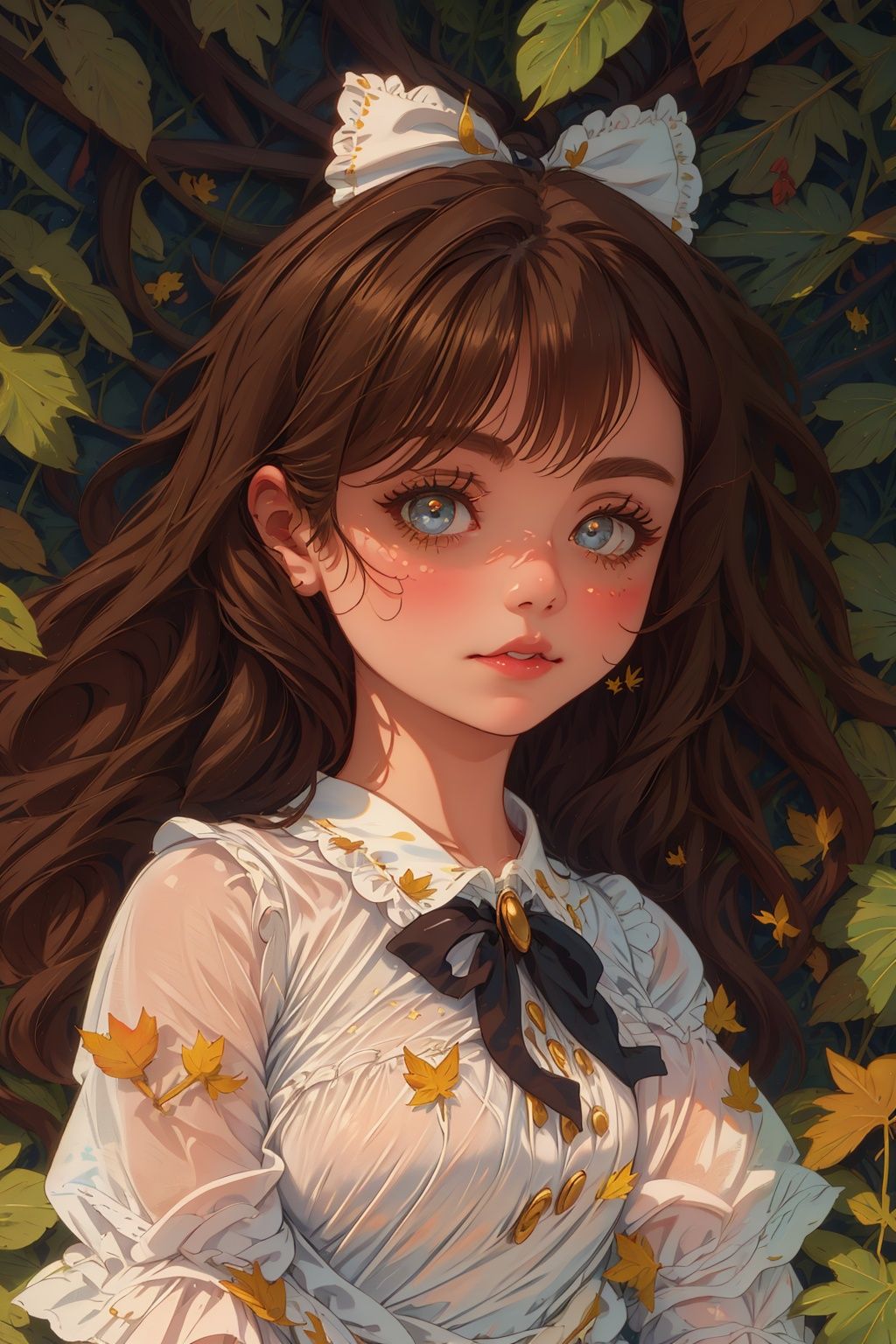 /Cute wind, autumn leaves yellow little girl, cute, golden brown wavy hair, huge bow hair accessories, delicate face, delicate lips, delicate eyes, delicate nose, golden brown Lolita, autumn, yellow leaves falling, the picture is clear, lace