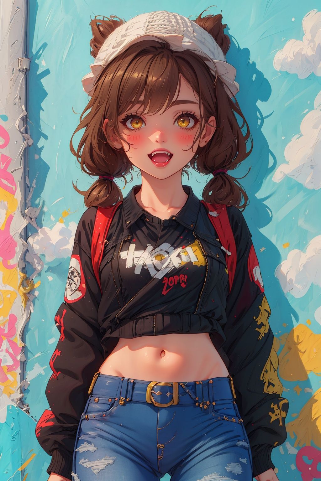 best quality, high resolution, distinct image, best quality, high resolution, distinct image, Original Characters, Natural Volumetric Lighting And Best Shadows, Deep Depth Of Field, Sharp Focus, Portrait Of Stunningly Beautiful Petite Girl, Soft Delicate Beautiful Attractive Face With Alluring Yellow Eyes, Lovely Small Breasts, Sharp Eyeliner, Seductive Smiling, Open Mouth With Cute Fangs Out, Windswept Disheveled Brown Hair, Thick Layered Medium Twintail Hairstyles, Blush Eyeshadow With Thick Eyelashes, Parted Lips, Applejack Hat, Oversized Pop-Art Jacket, Slim Waist With Open Cute Navel, Denim Jeans Pants With Buckle Belt, (Messy Painted Body:1.05), (Holding Spray Paint Can:1.1), (Graffiti Murals Wall Background:1.15), (Standing On Narrow City Streets Crossword:1.2), (Highest Quality, Amazing Details:1.4), Masterpiece, Bloom, Picturesque, Brilliant Colorful Paintings