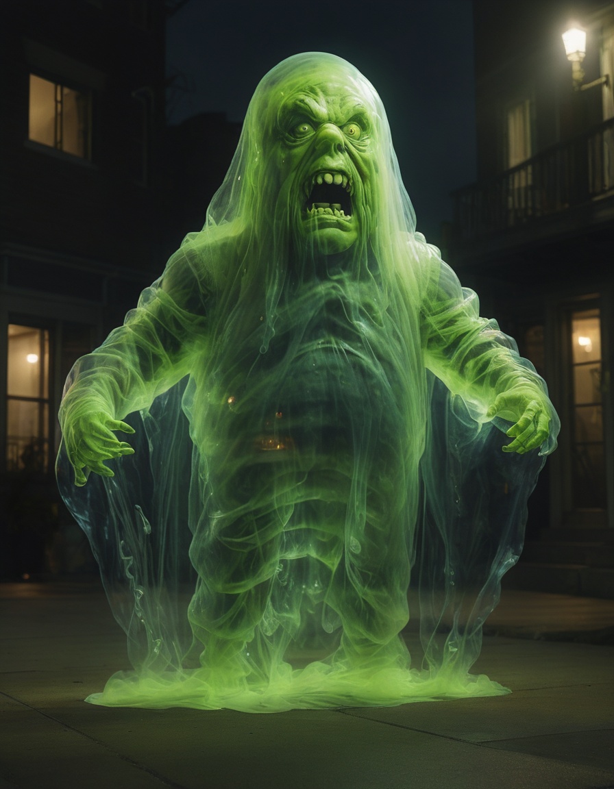 a transparent ghost slimer ghostbusters at night,  glowing on Tensor.Art