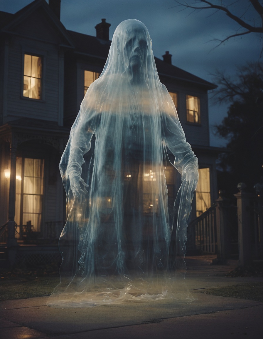 photo of a transparent ghost infront of a house,  night,  victorian on Tensor.Art