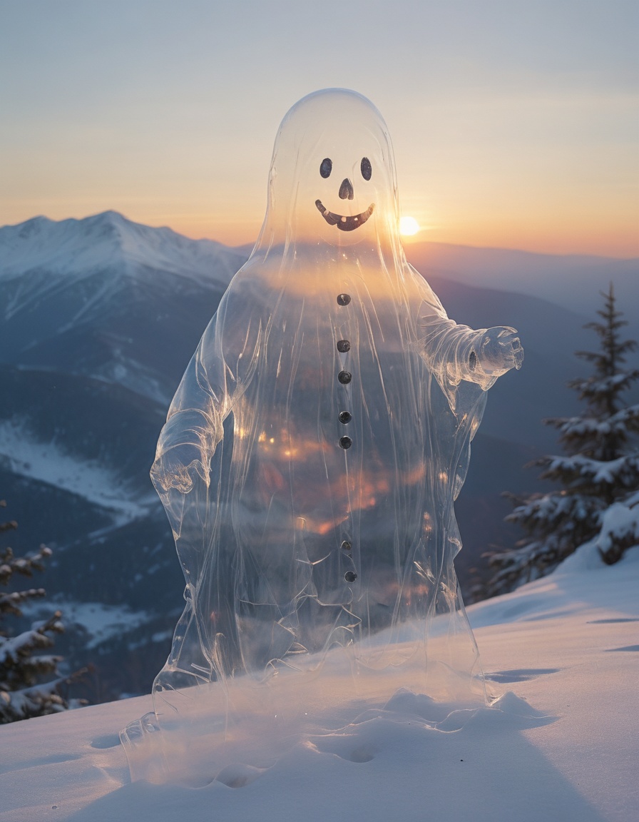 photo of a transparent ghost snowman on a snowy mountain,  sunrise on Tensor.Art