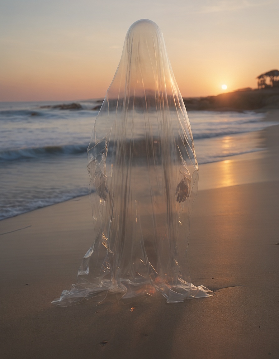 photo of a transparent ghost on a beach,  sunset on Tensor.Art