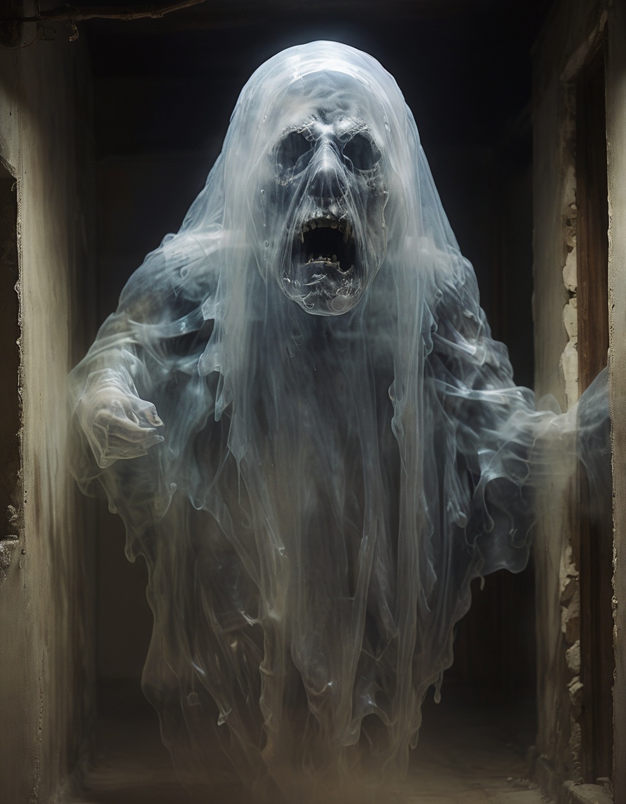 an angry transparent ghost at night coming out through the wall,  extreme closeup on Tensor.Art