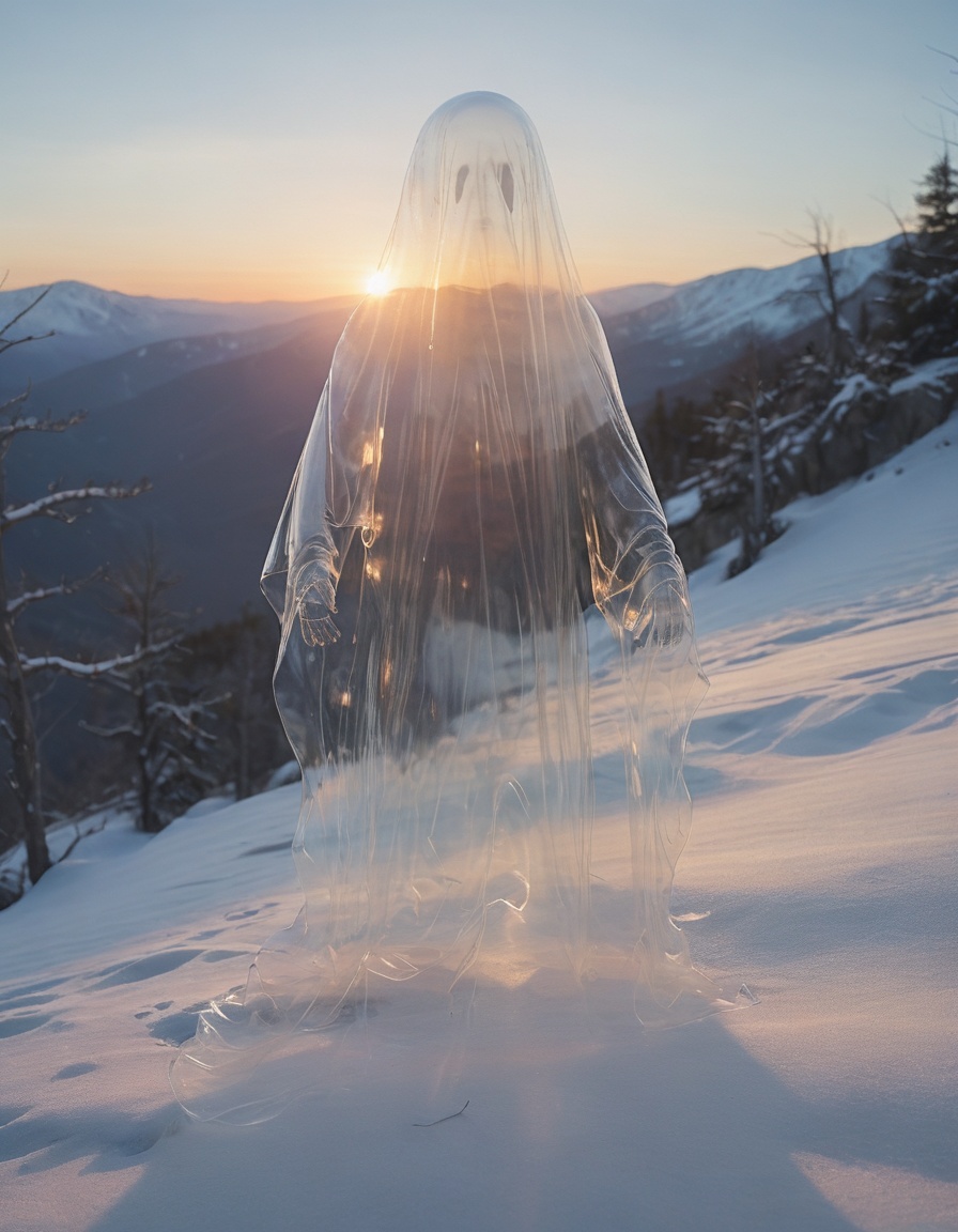 photo of a transparent ghost on a snowy mountain,  sunrise on Tensor.Art