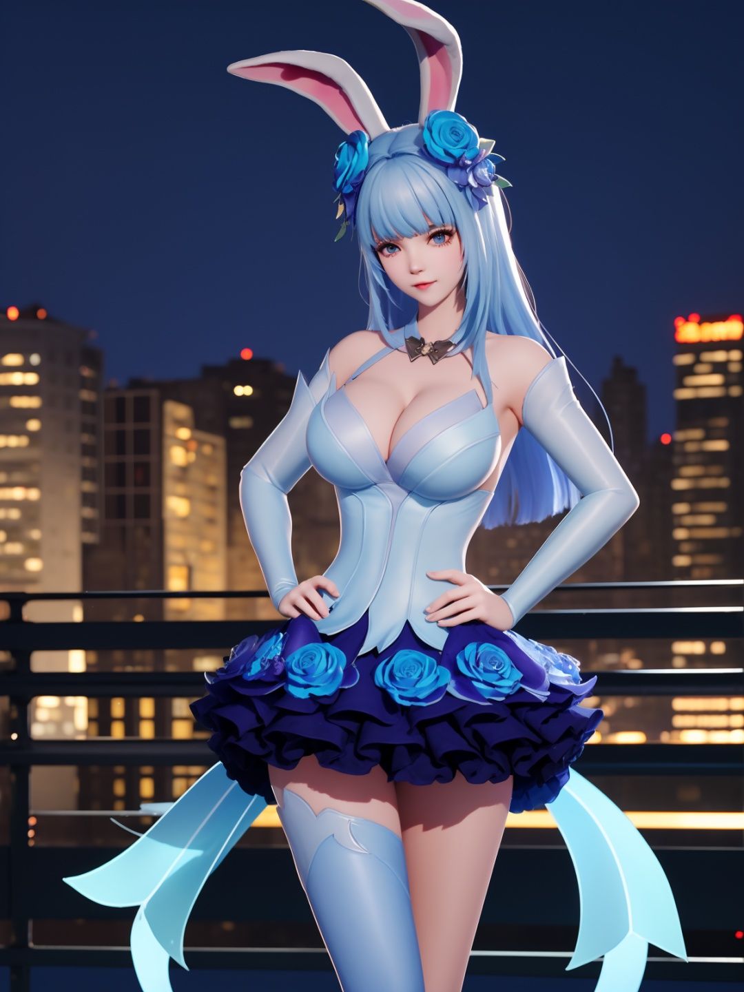 WZRYgongsunliHJW, 1girl, solo, flower, hair flower, long hair, blue eyes, rabbit ears,looking at viewer, blue hair, single thighhigh,  dress,detached sleeves, asymmetrical legwear,bangs, cityscape, night, hand on hip, cowboy shot, mature female, clothing cutout,  <lora:王者公孙离花间舞4004:0.75>