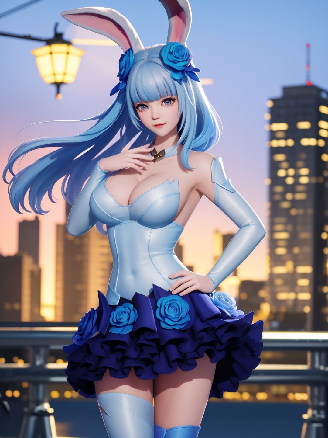 WZRYgongsunliHJW, 1girl, solo, flower, hair flower, long hair, blue eyes, rabbit ears,looking at viewer, blue hair, single thighhigh,  dress,detached sleeves, asymmetrical legwear,bangs, <lora:WZRYgongsunliHJW-000004:0.75>,cityscape, night, hand on hip, cowboy shot, mature female, clothing cutout, 