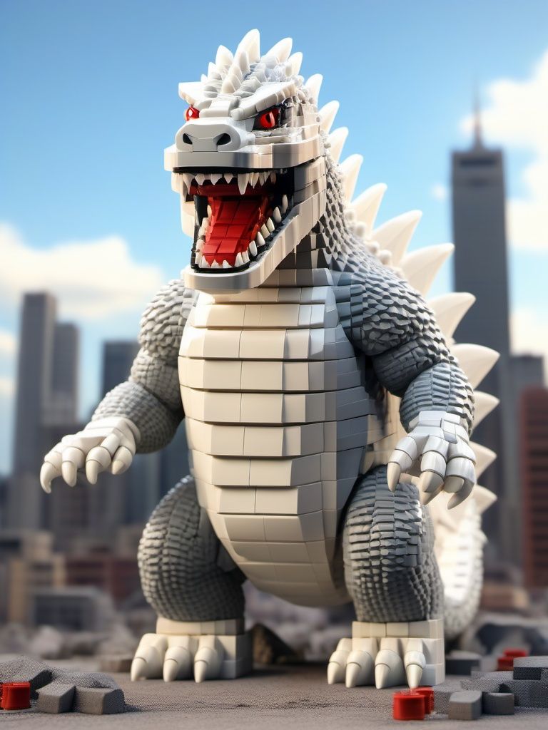 BJ_Lego_bricks, Godzilla, solo, open_mouth, red_eyes, standing, full_body, outdoors, sky, teeth, tongue, blurry, pokemon_\(creature\), no_humans, sharp_teeth, building, claws,3D Model,8k,intricate,highly detailed,digital photography,(masterpiece, sidelighting, finely detailed beautiful eyes:1.2),hdr,realistic,high definition,<lora:Lego_World_SDXL_v2:0.7>,