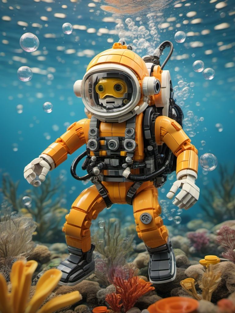 BJ_Lego_bricks, diver, solo, no_humans, robot, mecha, science_fiction, bubble, underwater, air_bubble, open_hands,3D Model,8k,highly detailed,hdr,realistic,high definition,<lora:Lego_World_SDXL_v2:0.7>,