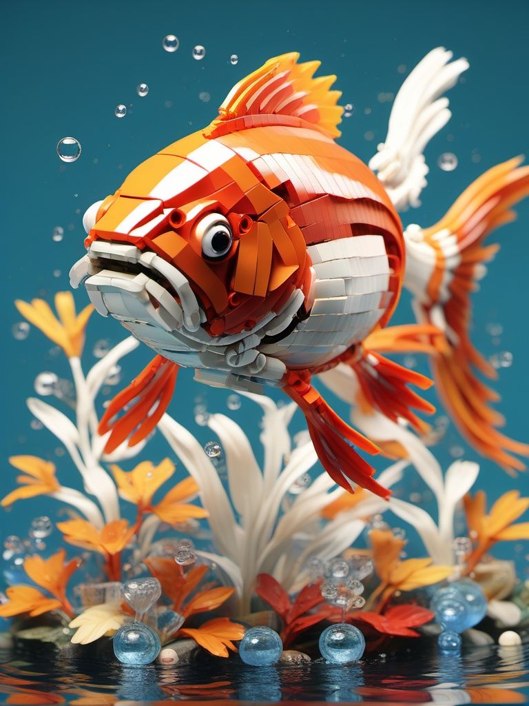 BJ_Lego_bricks, koi, water, blurry, pokemon_\(creature\), no_humans, animal, leaf, blue_background, robot, reflection, fish, bubble, underwater, goldfish, non-humanoid_robot, koi,3D Model,8k,highly detailed,hdr,realistic,high definition,<lora:Lego_World_SDXL_v2:0.7>,