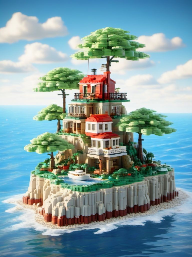 BJ_Lego_bricks, island, outdoors, sky, day, cloud, water, tree, blue_sky, no_humans, window, ocean, building, scenery, flag, watercraft, house, boat,3D Model,8k,highly detailed,hdr,realistic,high definition,<lora:Lego_World_SDXL_v2:0.7>,