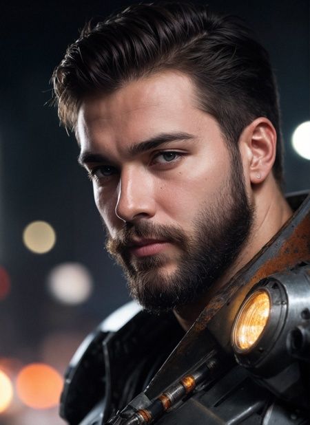 close up Portrait photo of muscular bearded guy in a worn mech suit, ((light bokeh)), intricate, (steel metal [rust]), elegant, sharp focus, photo by greg rutkowski, soft lighting, vibrant colors, masterpiece, ((streets)), detailed face