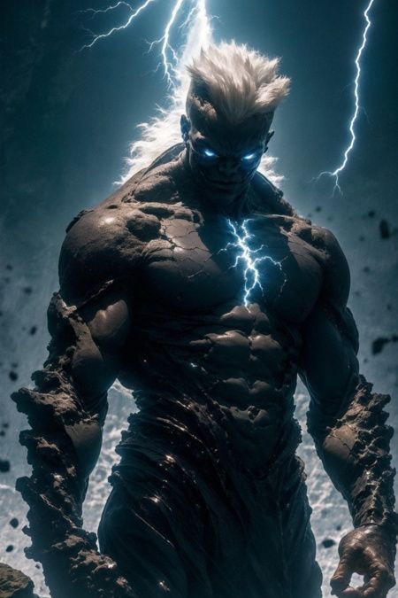 black humanoid made of rock, upper body, barechested, male,  ((masterpiece, best quality)),  <lora:more_details:0.3>, cracked skin, white electricity coming through cracks, muscular male, (dragonborn:0.6), white hair, outdoors, detailed background <lora:dragonborn_offset:0.6> <lora:r1ge - AnimeRage:1> <lora:Cracked Skin:1.2>