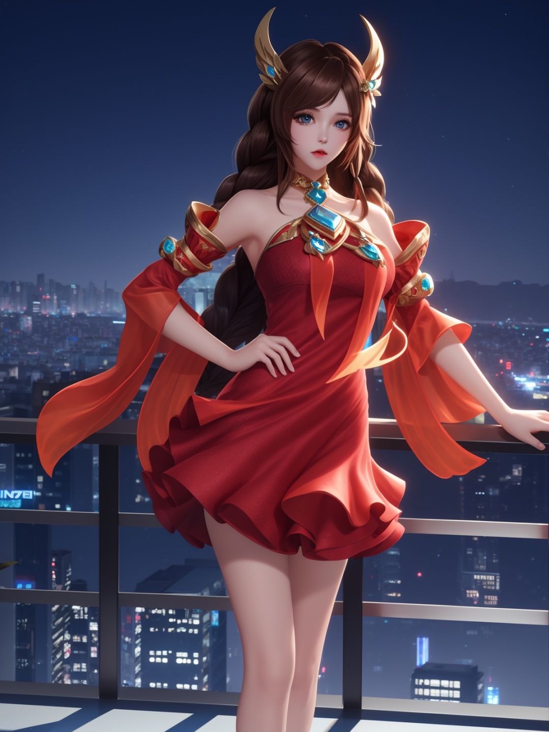 WZRYdaqiaoYP, 1girl, solo, long hair, brown hair, red dress, jewelry, bare shoulders, detached sleeves, blue eyes, hair ornament,twin braids,cityscape, night, looking at viewer, mature female, hand on hip,  <lora:WZRYdaqiaoYP:0.75>