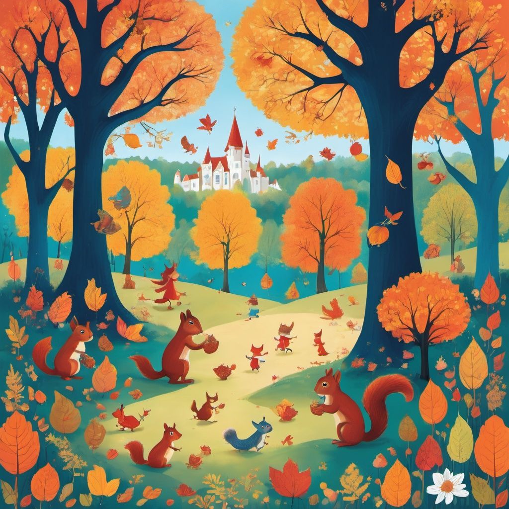 Seasonal Children's Book Illustration,  Autumnal Color Palette,  Squirrel Gathering Nuts on Tensor.Art