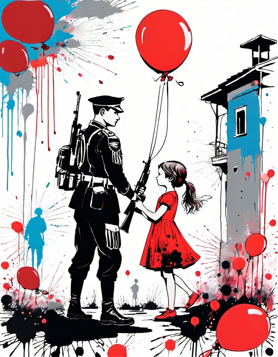 a black and white painting of a little girl red dress,  side view,  giving a red balloon to an ***** army soldier holding...
