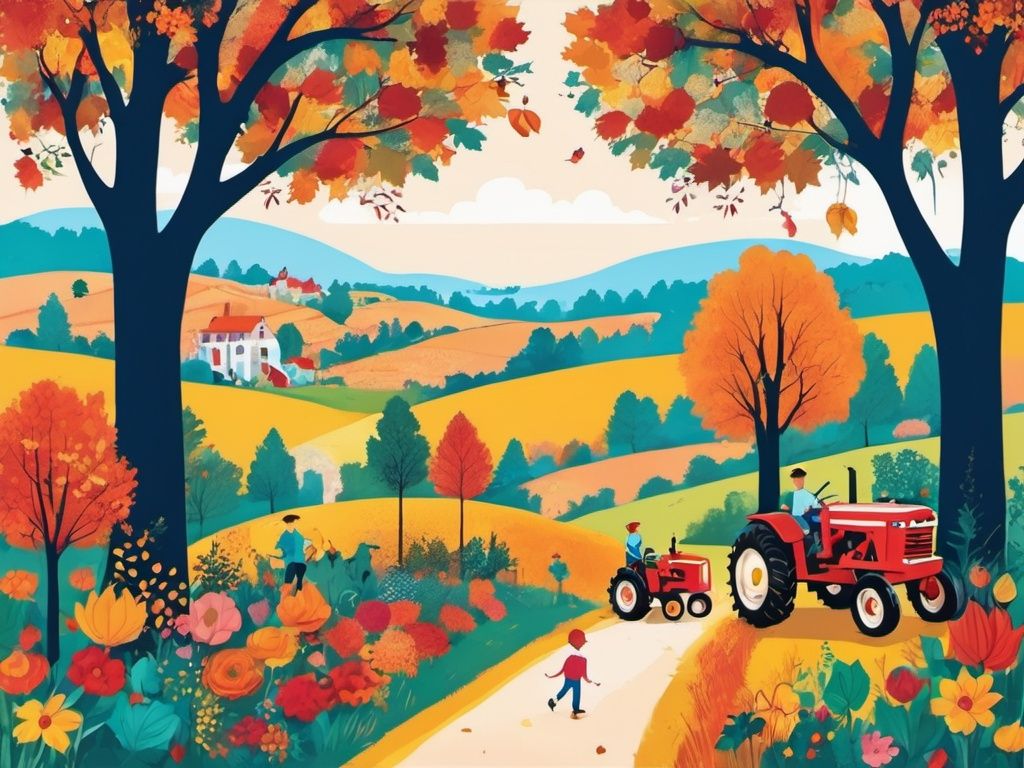Farmers in the fields are harvesting crops,  tractors,  autumn trees on Tensor.Art