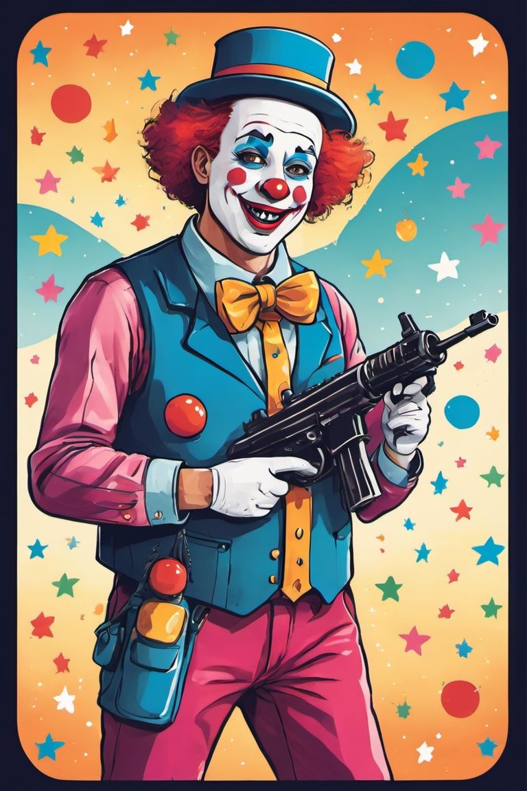 clown holding a machine gun,  happy,  smiling on Tensor.Art