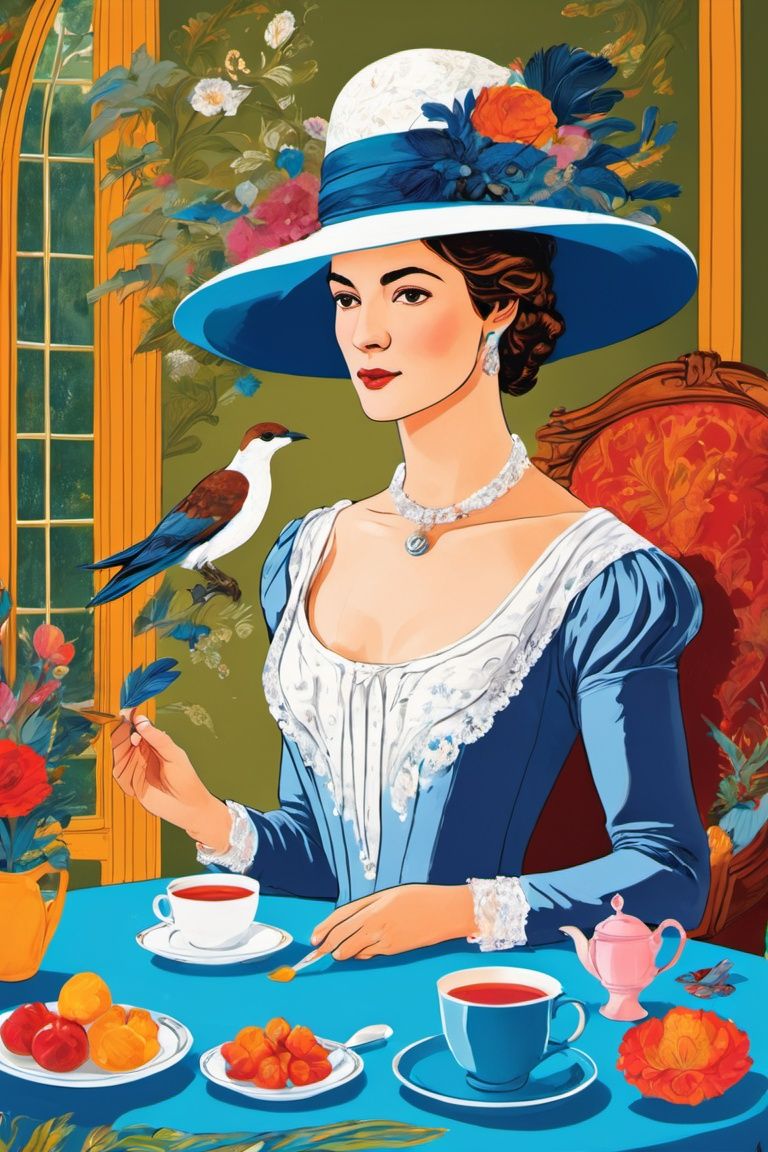 Jane Austen a woman sitting at the table with a feather pen in her hand,  head looking towards you with a white hat on Ten...