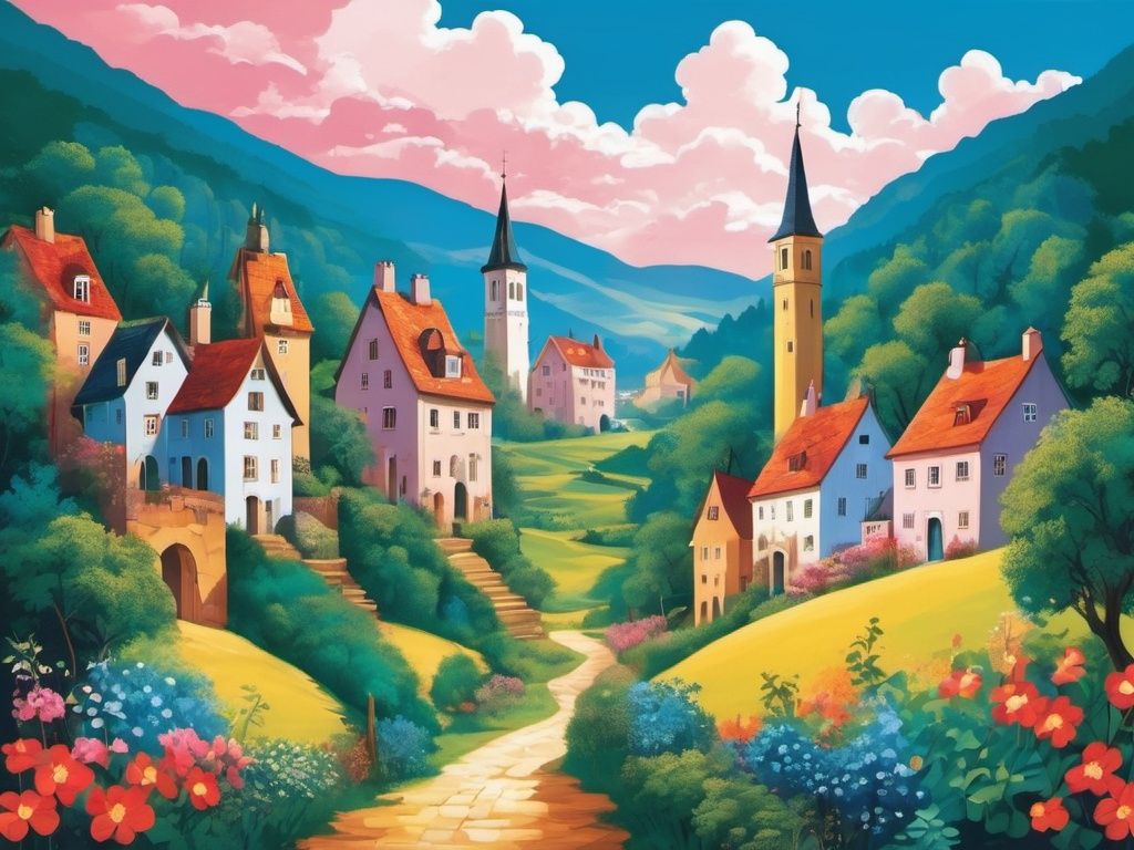 At the end of the valley is a village with towering towers and clouds in the sky on Tensor.Art