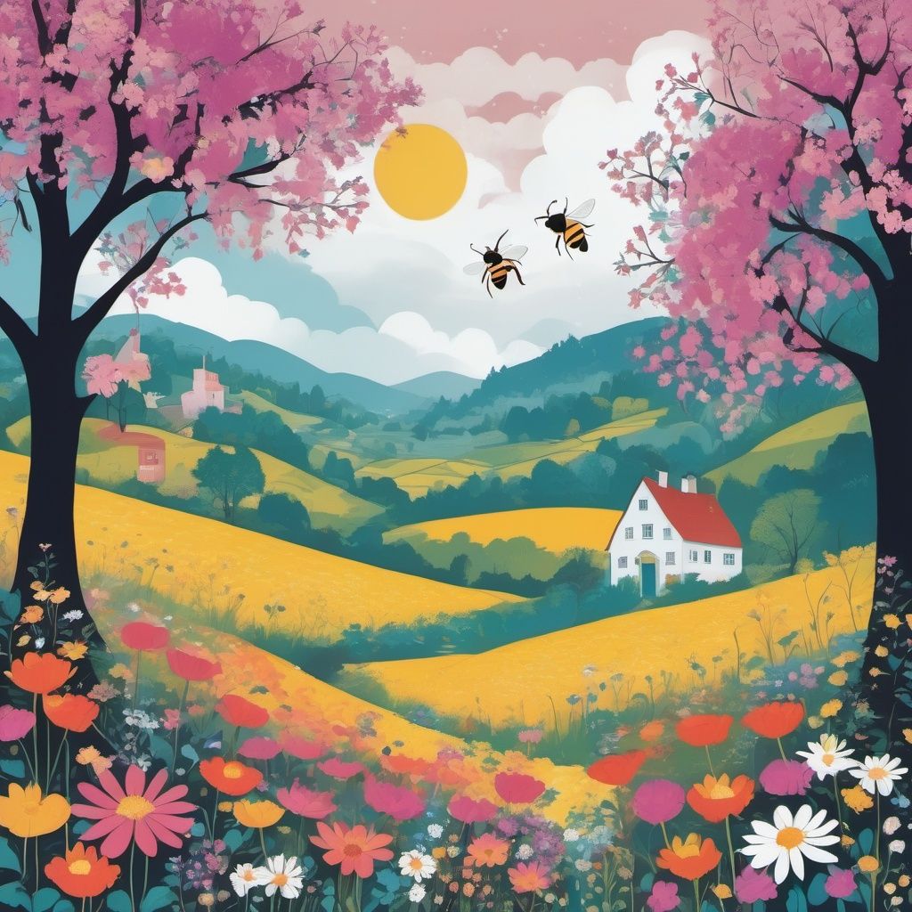 Busy Bee,  Cloudy Weather,  Flower Field Landscape on Tensor.Art