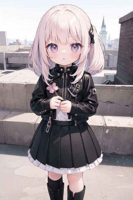 masterpiece,  best quality,  "Sweet Rock" The cute girl on the rooftop is wearing a black leather jacket. Beneath her is a...