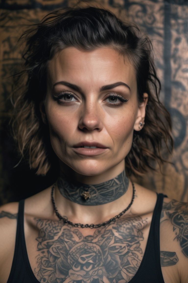 asterpiece,best quality,photo, rule of thirds, dramatic lighting, medium hair, detailed face, detailed nose, woman wearing **** top, collar or choker, smirk, tattoo, intricate background,realism,realistic,raw,analog,woman,portrait,photorealistic,analog,