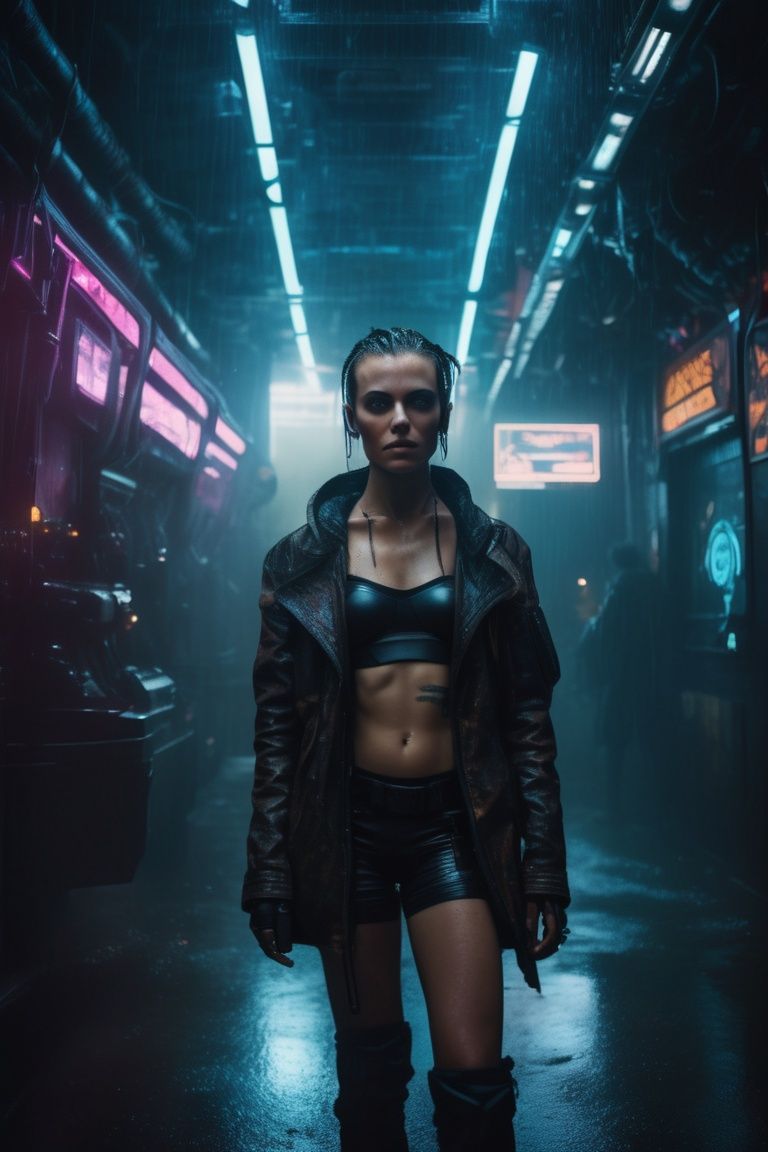 Transport viewers to a rain-soaked dystopian future with an exquisitely detailed portrait of a young woman adorned in cyberpunk attire. Her flat chest and small breasts add to her unique beauty as she engages in an intriguing action amidst the atmospheric Blade Runner surroundings. Employ expert photographic lighting techniques to capture the realism of her features, bringing this composition to life in stunning 10k resolution.