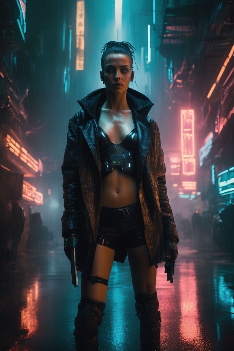 Transport viewers to a rain-soaked dystopian future with an exquisitely detailed portrait of a young woman adorned in cyberpunk attire. Her flat chest and small breasts add to her unique beauty as she engages in an intriguing action amidst the atmospheric Blade Runner surroundings. Employ expert photographic lighting techniques to capture the realism of her features, bringing this composition to life in stunning 10k resolution.