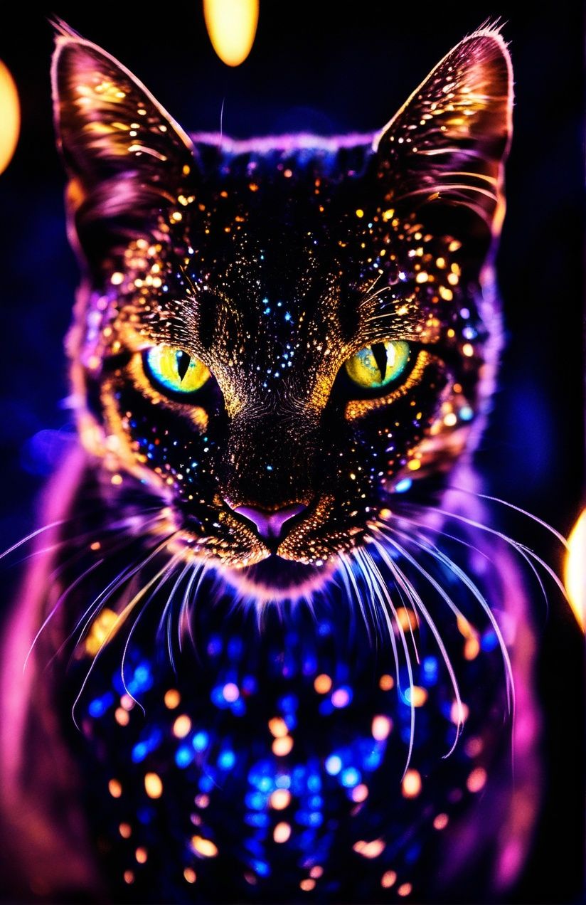 Portrait photo of kitty cat with blacklight makeup,  fierce eyes,  light bokeh on Tensor.Art