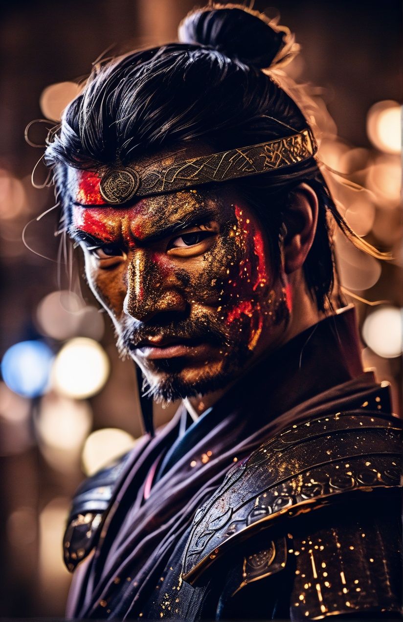 Portrait photo of samurai with blacklight makeup in yoroi tameshi gusoku armour,  light bokeh,  intricate on Tensor.Art