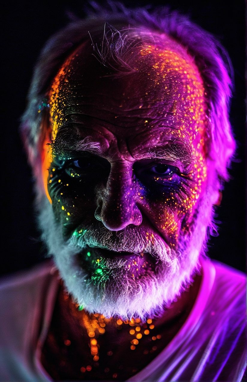 70y old man with blacklight makeup in the dark,  photograph,  soft lighting on Tensor.Art
