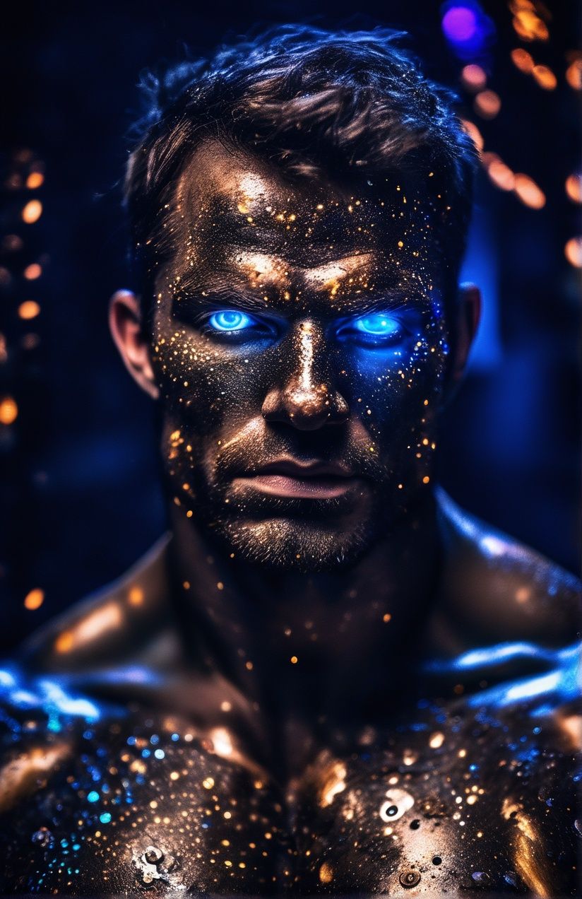 Portrait photo of muscular guy with blacklight makeup in a worn mech suit,  light bokeh,  intricate on Tensor.Art
