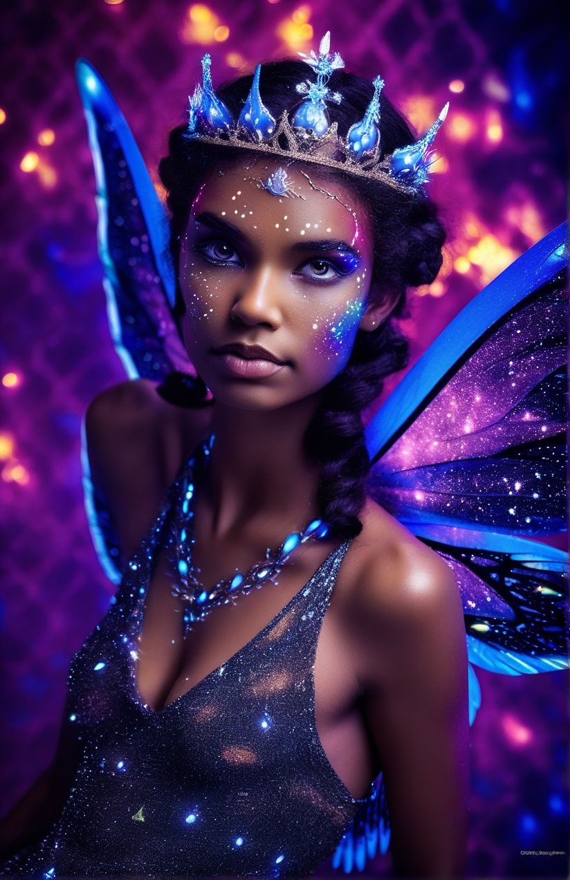 Portrait photo of fairy queen with blacklight makeup,  wings,  light bokeh on Tensor.Art