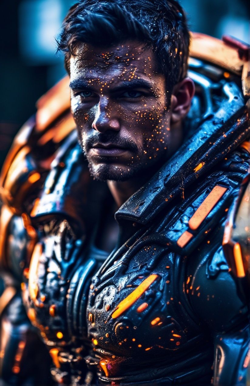 Portrait photo of muscular guy with blacklight makeup in a worn mech suit,  light bokeh,  intricate on Tensor.Art