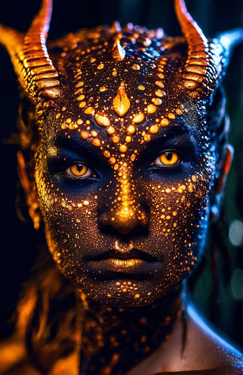 Portrait photo of dragon with blacklight makeup,  fierce eyes,  light bokeh on Tensor.Art