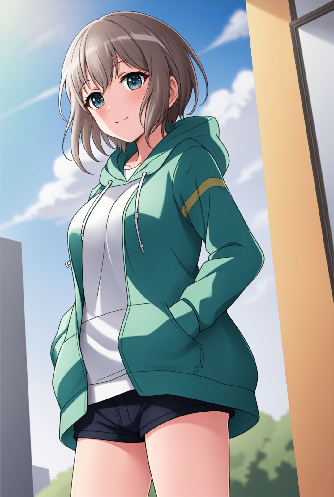 masterpiece, best quality, hoodie，hand in pocket