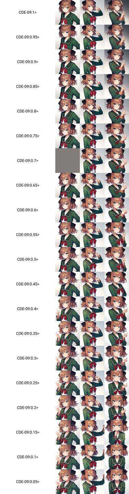 (masterpiece, best quality), BetaCDE,BREAK, 1girl, solo,BREAK,  HachijouKC, brown hair, black hair ribbon, serafuku, (green jacket, long sleeves), green sailor collar, red neck ribbon, green pleated skirt,BREAK,  upper body shot, oblique portrait, gradient background, white background,BREAK, <lora:Hachijou:1>,  <lora:CDE-09:1>