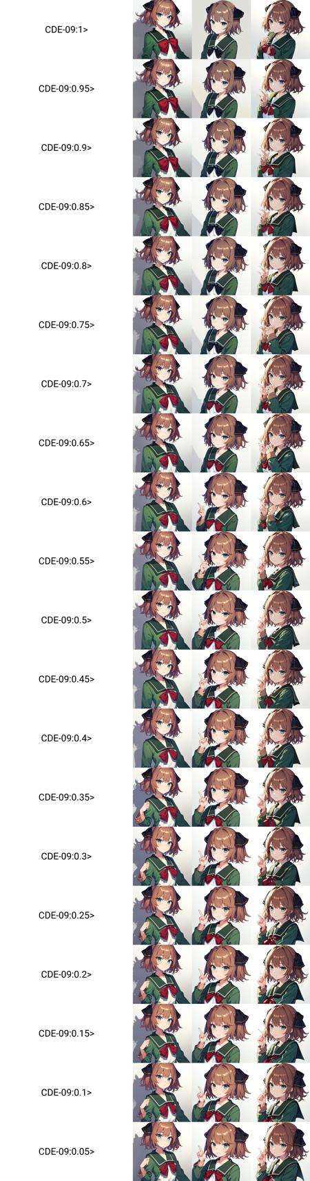 (masterpiece, best quality),BREAK, 1girl, solo,BREAK,  HachijouKC, brown hair, black hair ribbon, serafuku, (green jacket, long sleeves), green sailor collar, red neck ribbon, green pleated skirt,BREAK,  upper body shot, oblique portrait, gradient background, white background,BREAK, <lora:Hachijou:1>,  <lora:CDE-09:1>