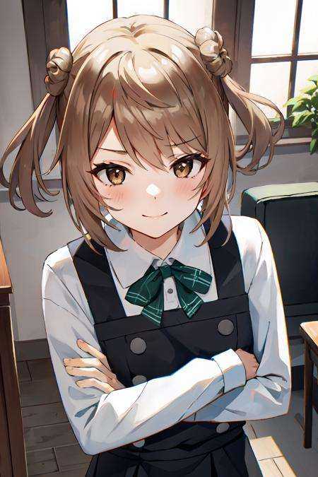 (masterpiece, best quality, illustration, delicate details, 8K:1.3), (studio light, best shadow, picturesque), GammaCDE,BREAK, (perfect anatomy), (symmetric eyes, perfect eyes, detailed eyes:1.2), (sharp eyeliner, finely detailed beautiful face), (brown eyes),BREAK, nice hands, perfect hands, hand by Guido Daniele,BREAK, 1girl, solo,BREAK, MichishioKaiNiKC, (pinafore) dress, (black) dress, (white) shirt, (long sleeves) shirt, (green) bowtie, (black) socks, (MichiKN) school uniform,BREAK, cowboy shot, looking at viewer, facing to viewer, smile, shy, blush, (indoor, office, living room), crossed arms, arms in front of chest,BREAK, <lyco:hands:1>,  <lora:CDE-09:0.8>,  <lora:Michishio:1>