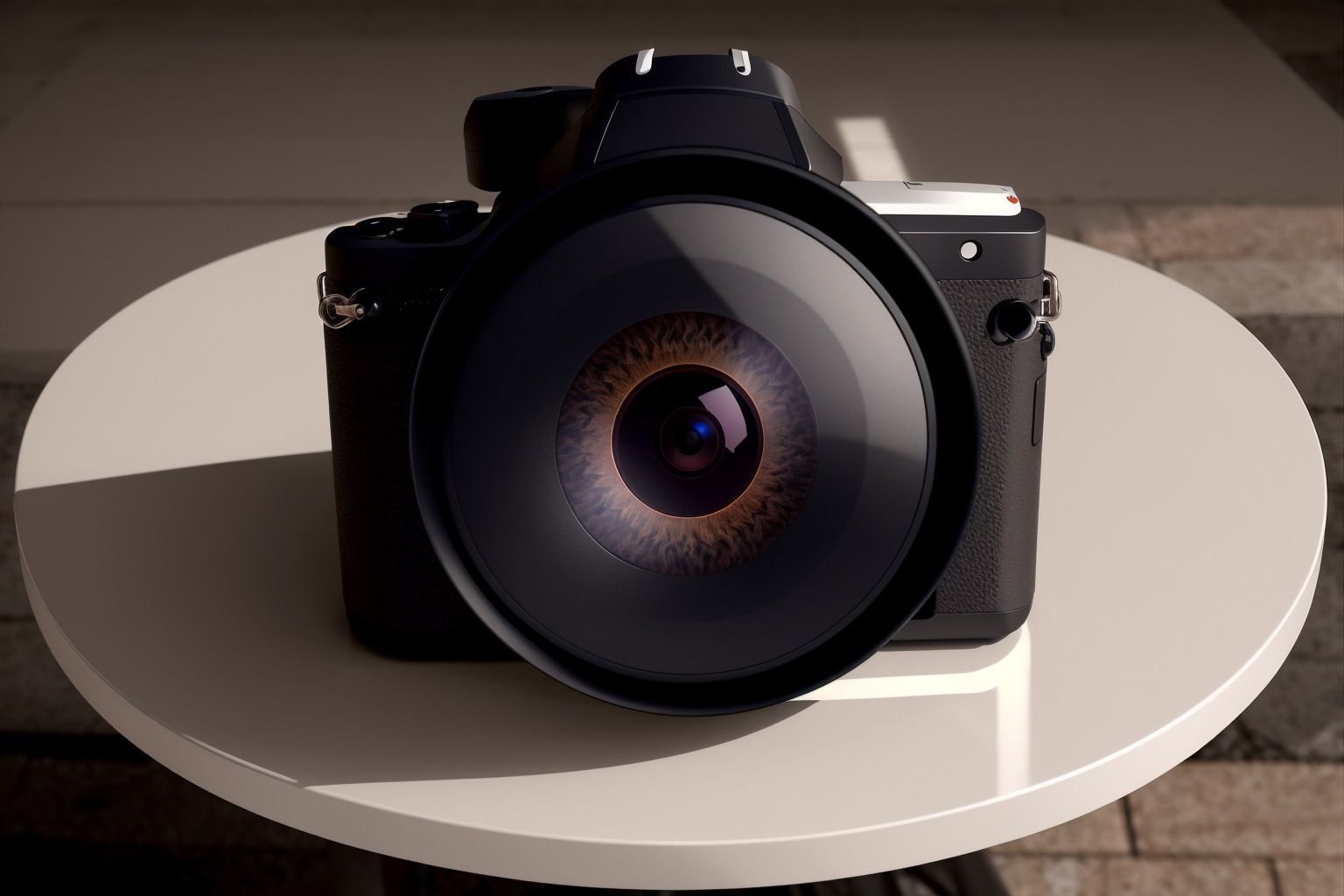 <lora:eye3-000002:1>,realistic,no human,A camera with red ceyes placed on the table ,simple background