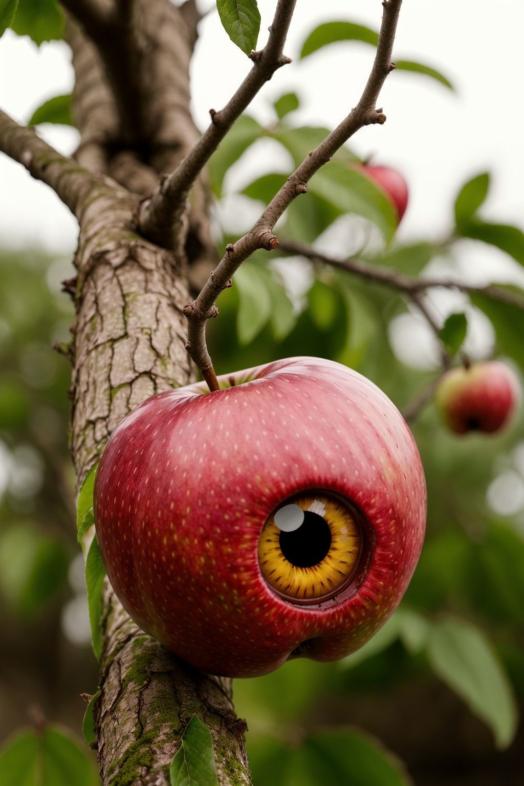<lora:eye3-000002:0.8>,realistic,no human,red apple on the apple tree with green ceyes
