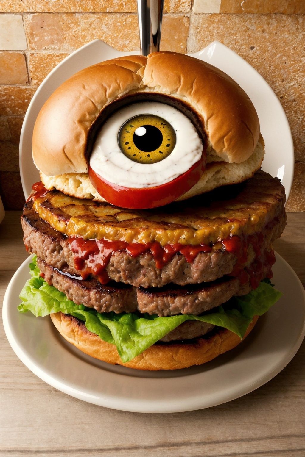 <lora:eye3-000002:1>,realistic,no human,red ceyes, hamburger steak,table,wall,