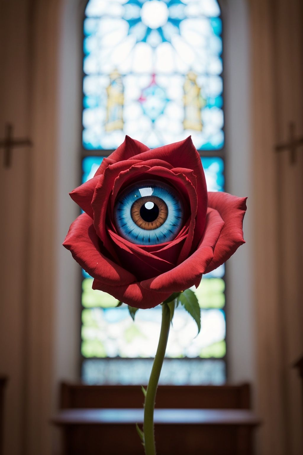 <lora:eye3-000002:0.6>,realistic,no human,rose in hand with blue ceyes ,indoors,church